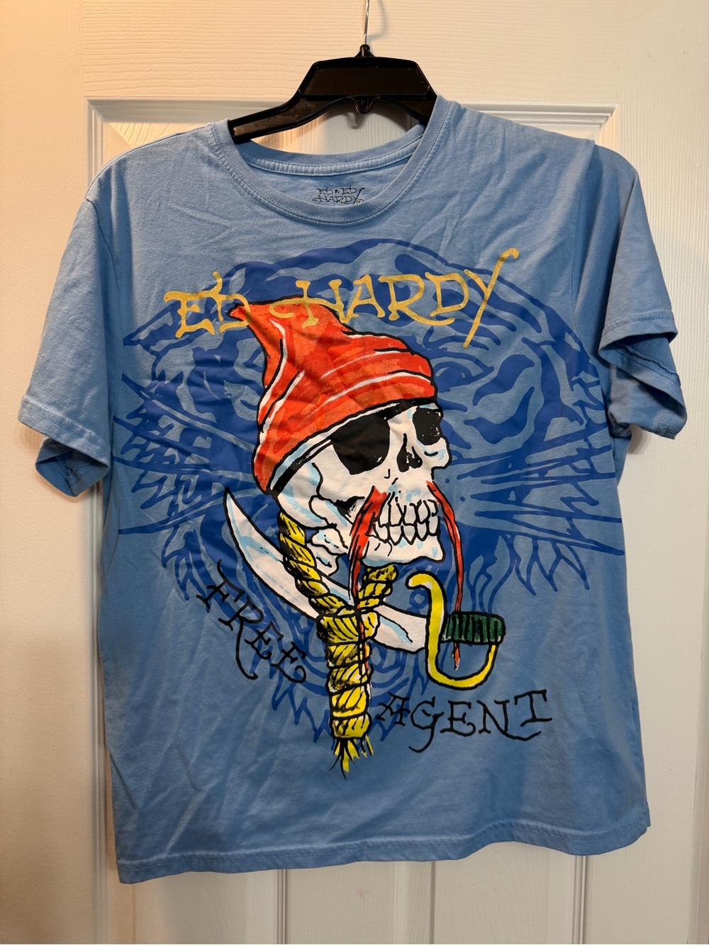 Ed Hardy Light Blue Graphic Skull Tee with Multicolor Print